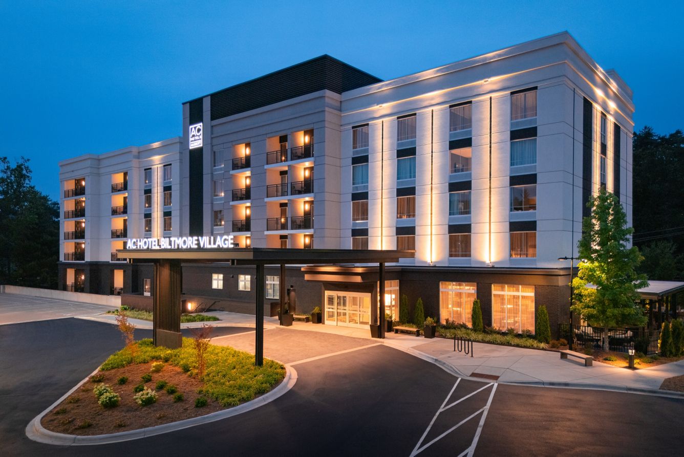 Nightime exterior of the AC Hotel